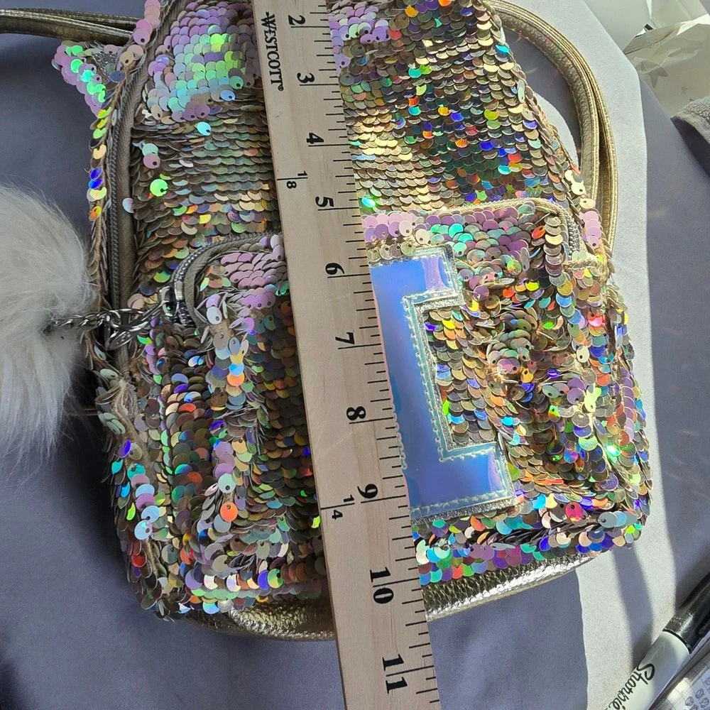 Justice Kids Unicorn Sequin Backpack I Initial, Pompom, Rainbow, Color‎ Changing